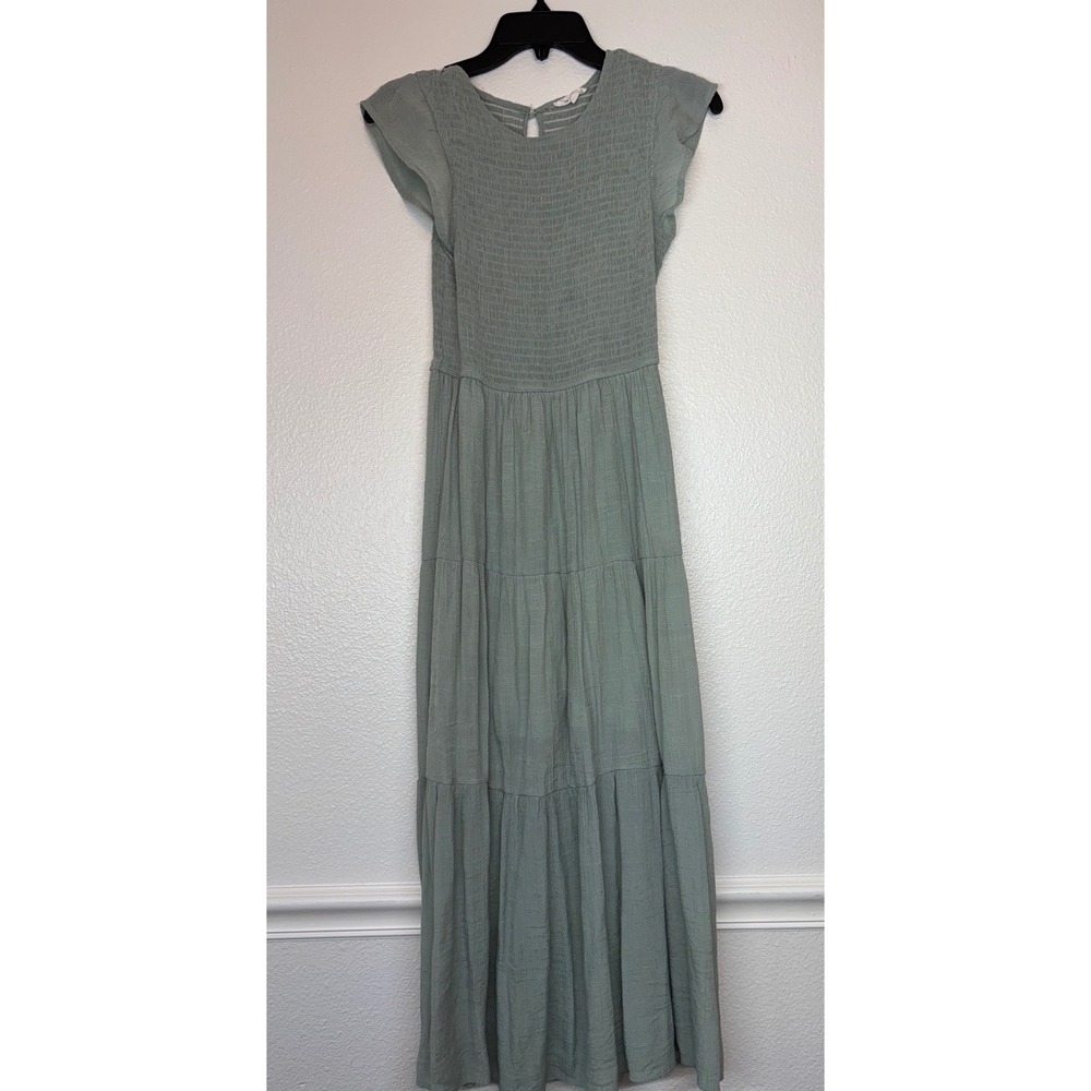 By the River Sage Green Smocked Tiered Maxi Dress Flutter Sleeve CR1014 Small